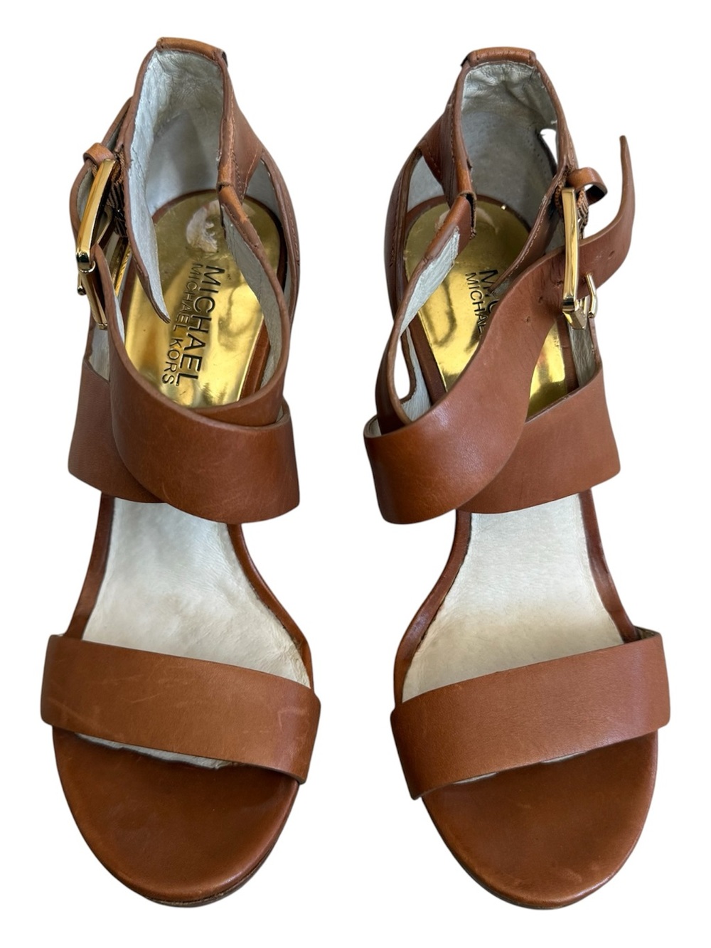 MICHAEL KORS Brown Leather Strappy Platform Heels Size 7M Gold Buckle - Picture 3 of 8